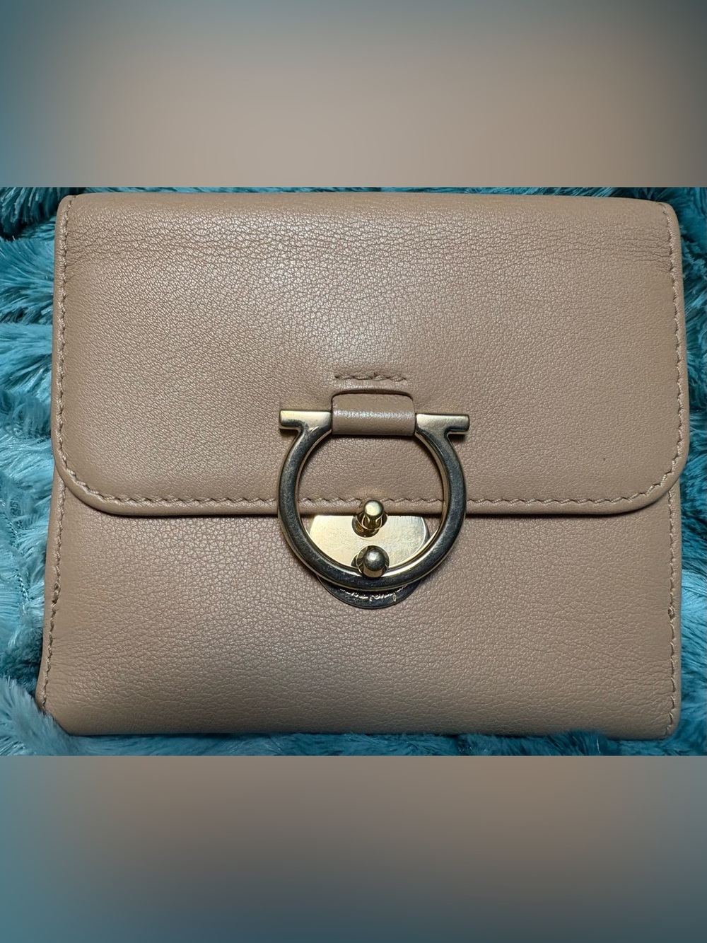 Salvatore Ferragamo Beige Leather Compact Wallet with Gold Ring Lock